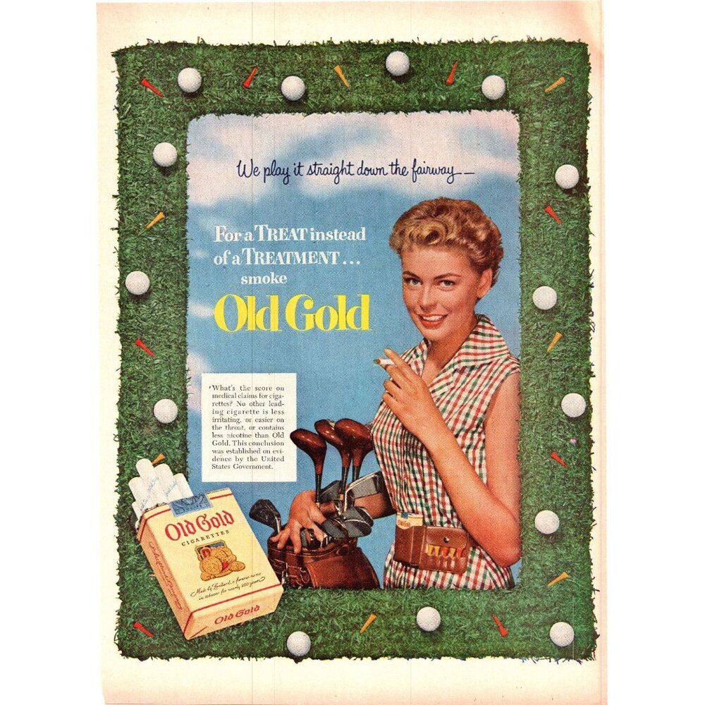 1952 Old Gold Cigarettes Vintage Print Ad Woman Lady Golfer Golf Bag Wall Art
